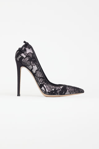 Gianvito Rossi Black 
Silver Floral Lace  Heel