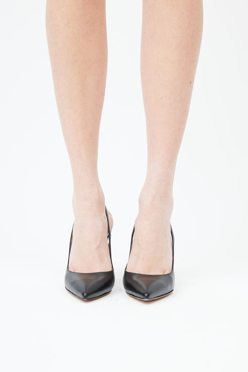  Black Leather Pointed Toe Slingback Pump