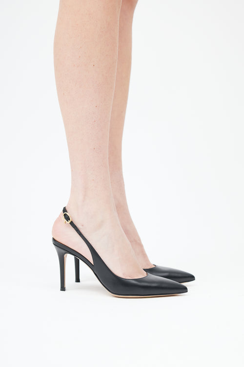  Black Leather Pointed Toe Slingback Pump