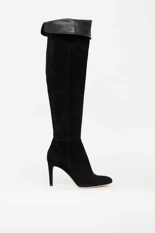 Gianvito Rossi Black Suede Folded Knee High Boot