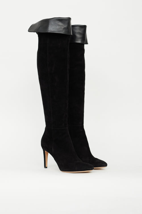 Gianvito Rossi Black Suede Folded Knee High Boot