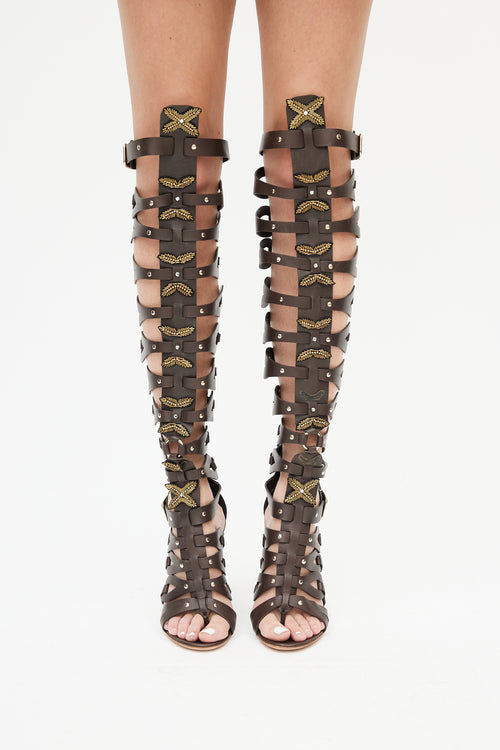 Gianvito Rossi Brown Leather Thigh High Cage Boot