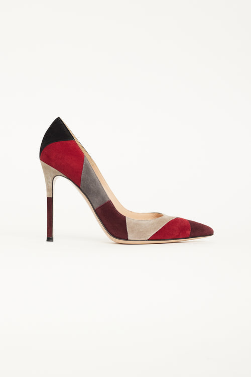 Gianvito Rossi Burgundy 
Grey Suede Crosby Patchwork Pump