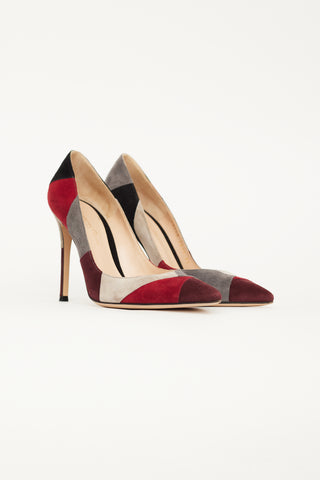 Gianvito Rossi Burgundy 
Grey Suede Crosby Patchwork Pump