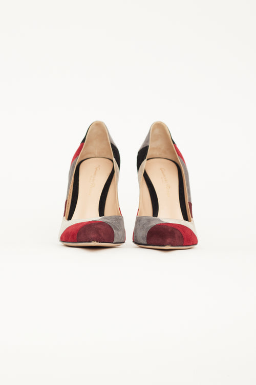 Gianvito Rossi Burgundy 
Grey Suede Crosby Patchwork Pump