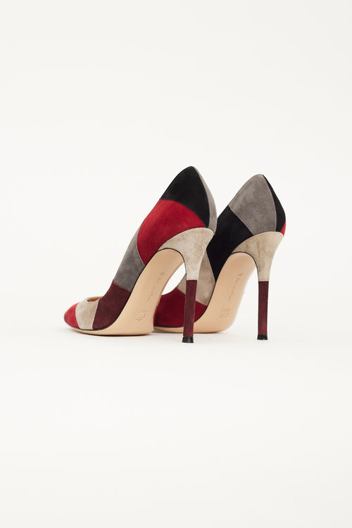 Gianvito Rossi Burgundy 
Grey Suede Crosby Patchwork Pump