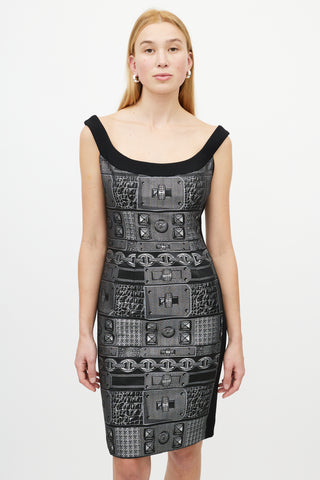 Giles Black 
Silver Jacquard Chain Dress