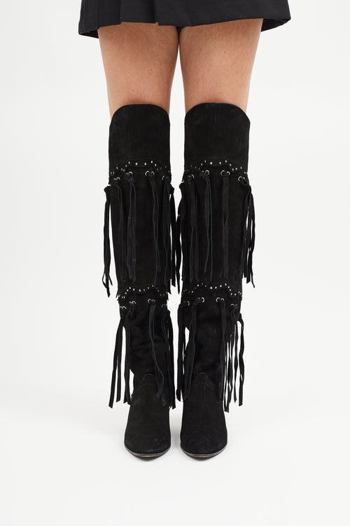 Giuseppe Zanotti Black Suede Thigh High Fringe Boot