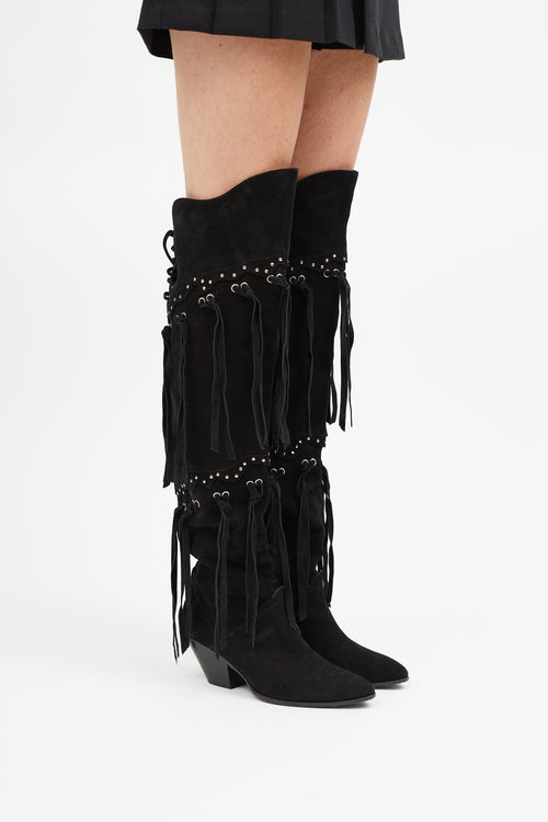 Giuseppe Zanotti Black Suede Thigh High Fringe Boot