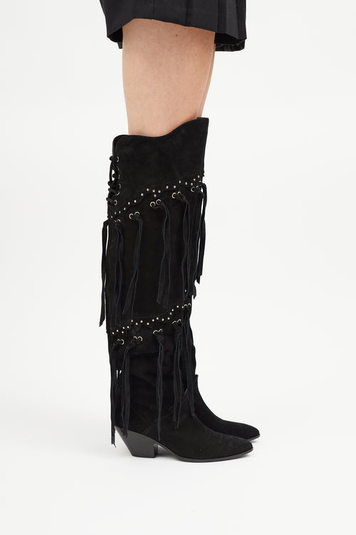 Giuseppe Zanotti Black Suede Thigh High Fringe Boot