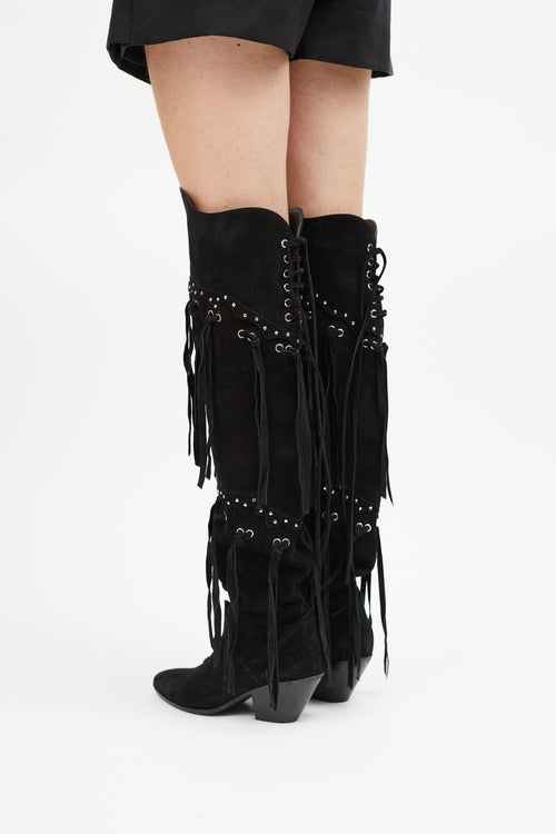 Giuseppe Zanotti Black Suede Thigh High Fringe Boot