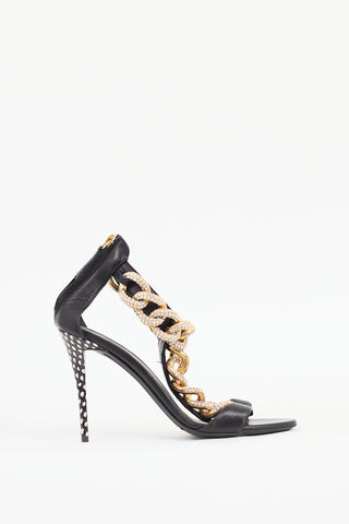 Giuseppe Zanotti Black 
Gold Leather T Chain Jewel Sandal