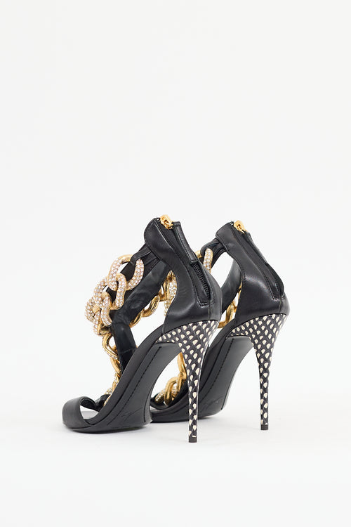 Giuseppe Zanotti Black 
Gold Leather T Chain Jewel Sandal