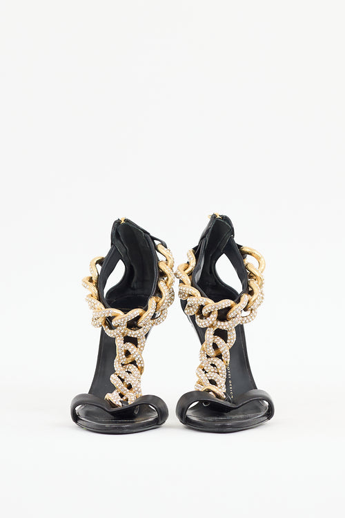 Giuseppe Zanotti Black 
Gold Leather T Chain Jewel Sandal