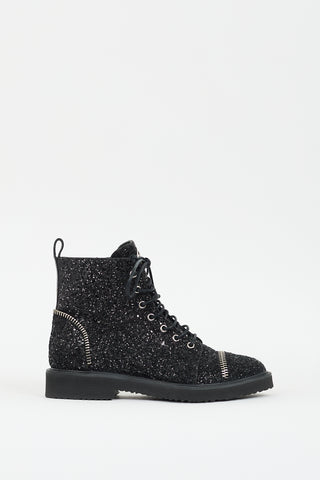 Giuseppe Zanotti Black Glitter Zipper Combat Boot