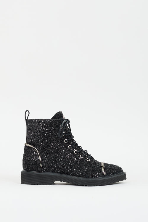 Giuseppe Zanotti Black Glitter Zipper Combat Boot