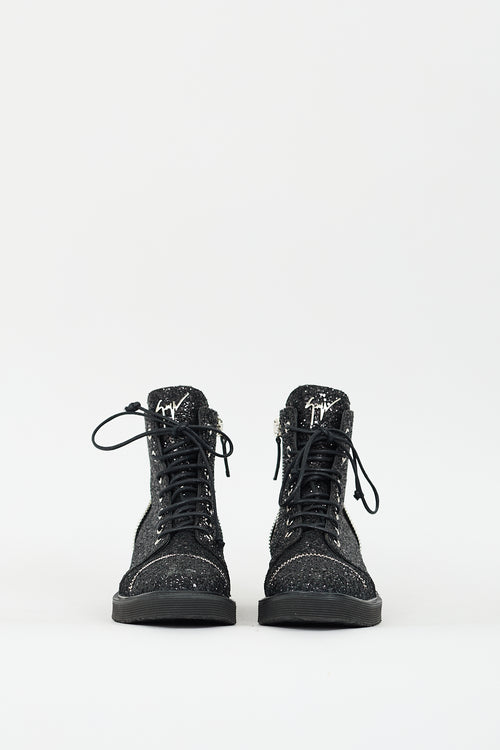 Giuseppe Zanotti Black Glitter Zipper Combat Boot