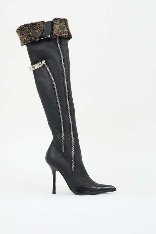 Giuseppe Zanotti Black Leather 
Shearling Lined Zip Boot