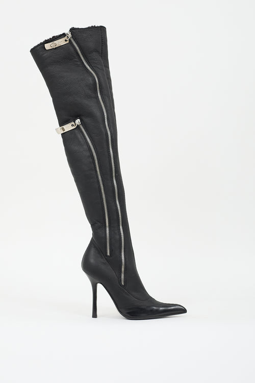 Giuseppe Zanotti Black Leather 
Shearling Lined Zip Boot