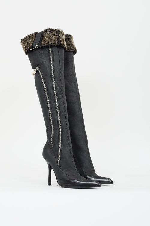 Giuseppe Zanotti Black Leather 
Shearling Lined Zip Boot