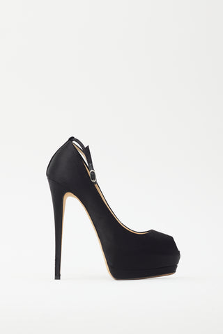 Giuseppe Zanotti Black Satin Platform Peep Toe Heel