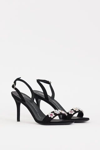 Giuseppe Zanotti Black Suede 
Multi Crystal Slingback Heel