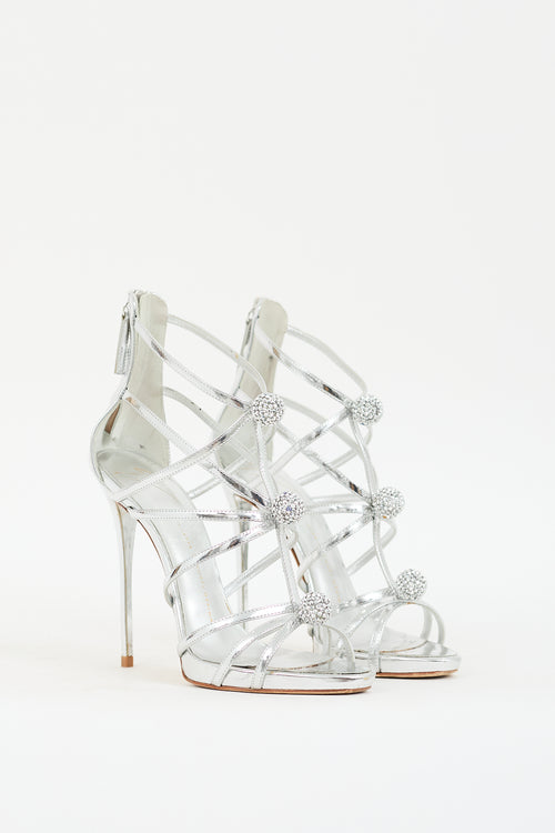 Giuseppe Zanotti Silver Leather Rhinestone Ball Heel