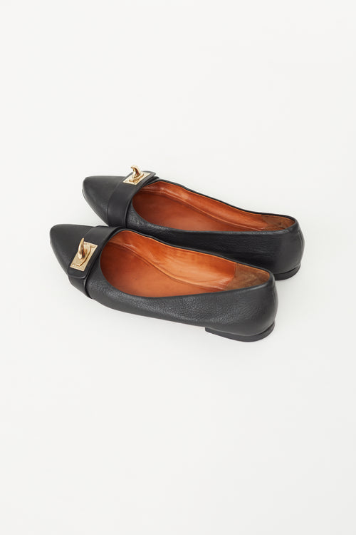 Black Leather Gold Embellished Ballet Flat