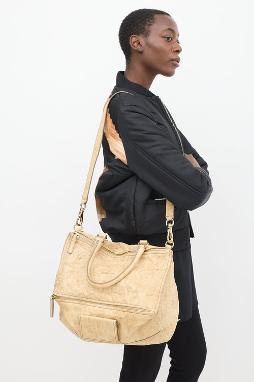 Beige Crinkled Leather Pandora Crossbody Bag