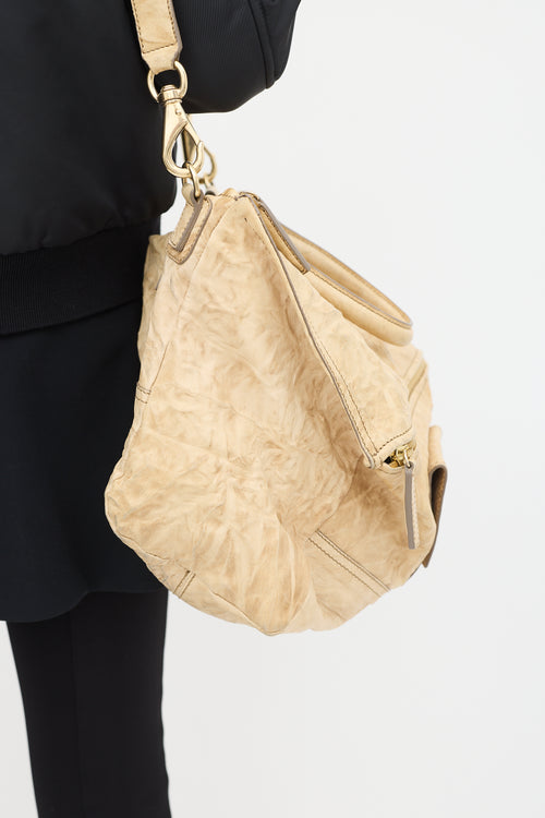 Beige Crinkled Leather Pandora Crossbody Bag