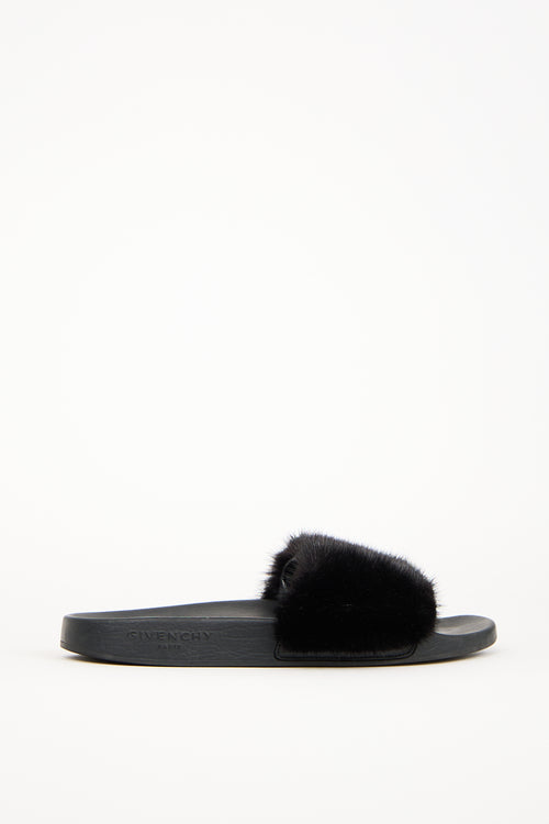 Givenchy Black Fur 
Rubber Slide