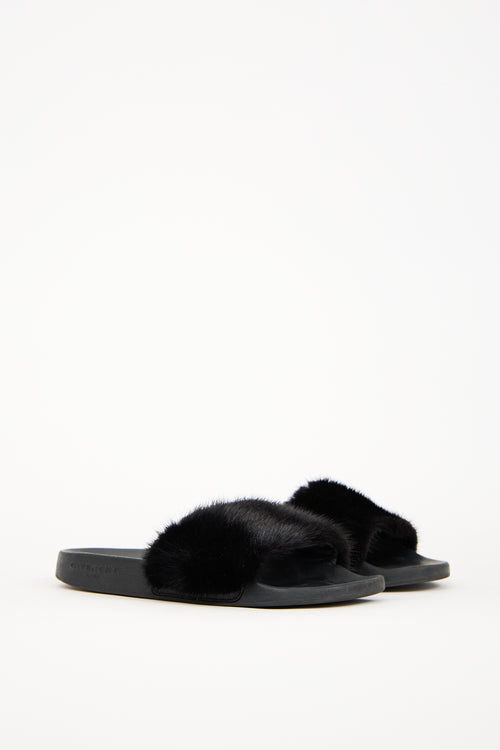 Givenchy Black Fur 
Rubber Slide