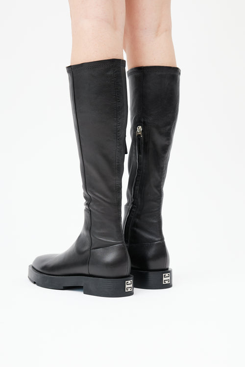  Black Leather Knee High Square Toe Boot