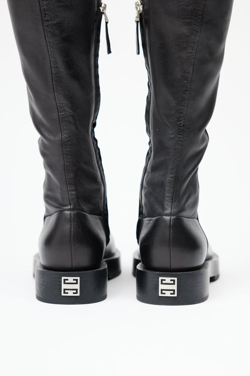  Black Leather Knee High Square Toe Boot