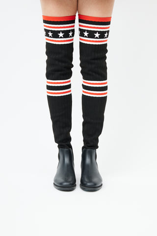  Black 
Red Knit Thigh high Rain Boot