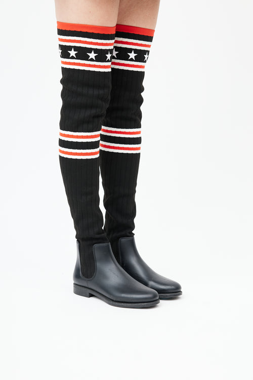 Givenchy Black 
Red Knit Thigh high Rain Boot