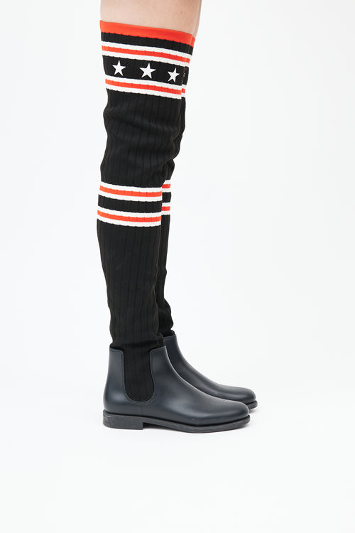  Black 
Red Knit Thigh high Rain Boot