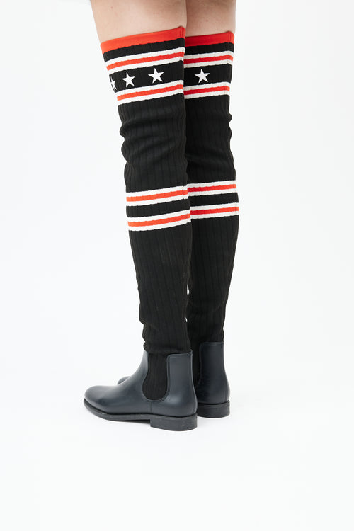  Black 
Red Knit Thigh high Rain Boot