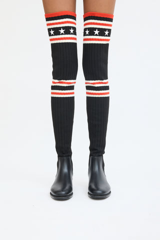 Givenchy Black 
Red Knit Thigh High Rain Boot