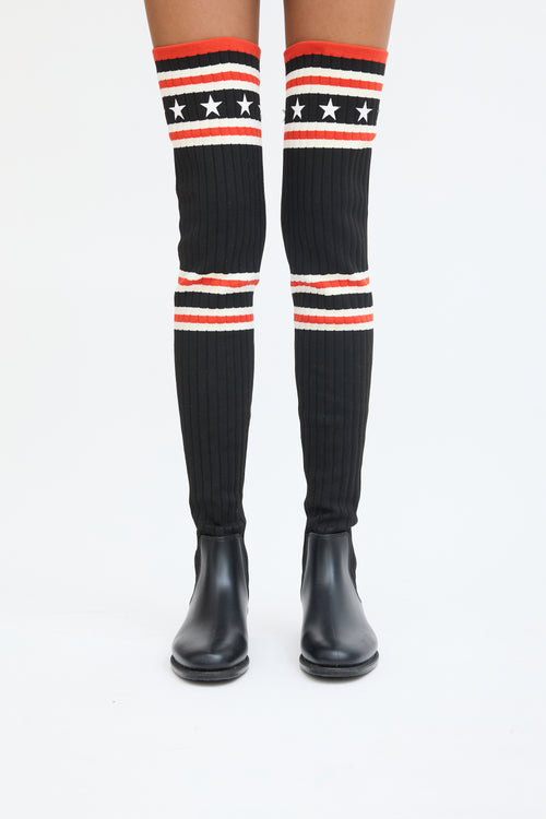 Givenchy Black 
Red Knit Thigh High Rain Boot