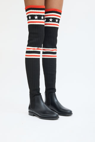 Givenchy Black 
Red Knit Thigh High Rain Boot