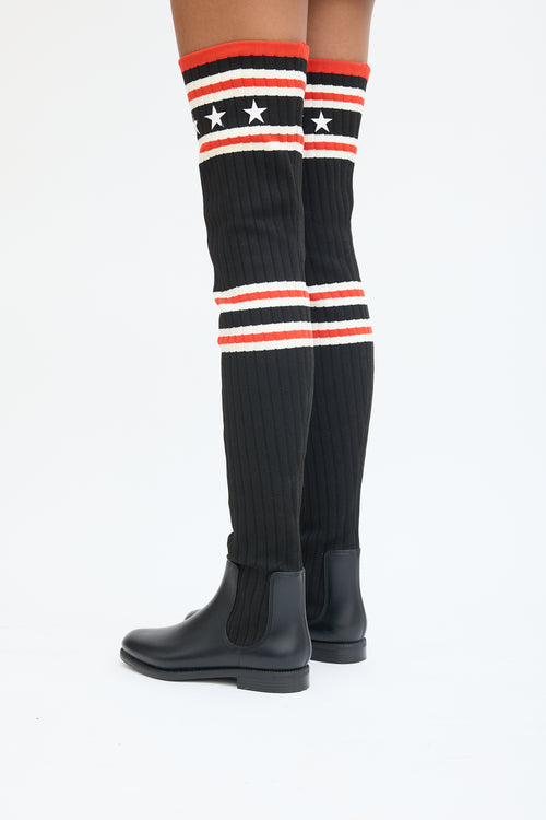 Givenchy Black 
Red Knit Thigh High Rain Boot