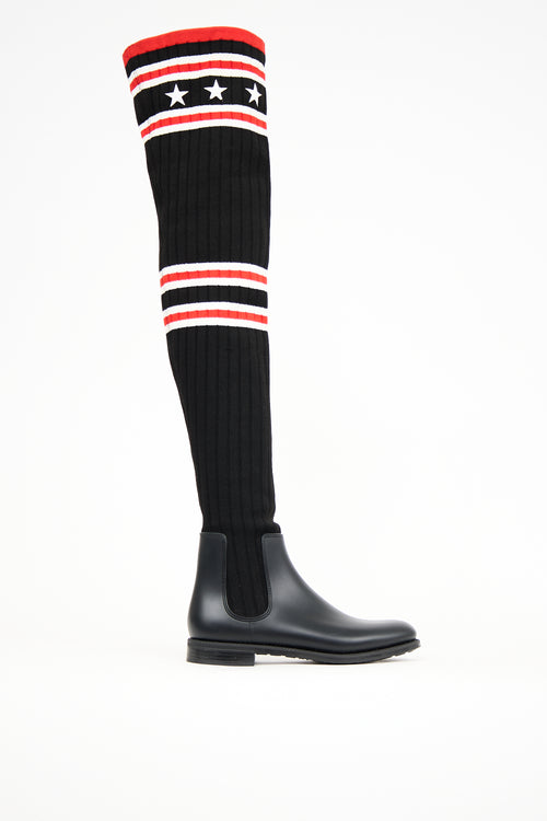 Givenchy Black 
Red Knit Thigh High Rain Boot