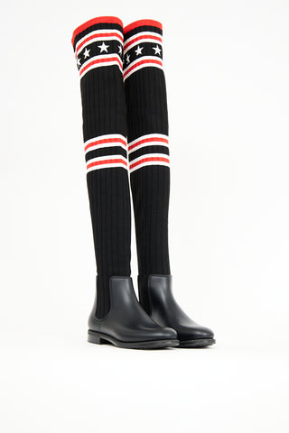 Givenchy Black 
Red Knit Thigh High Rain Boot