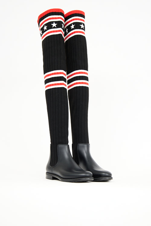 Givenchy Black 
Red Knit Thigh High Rain Boot