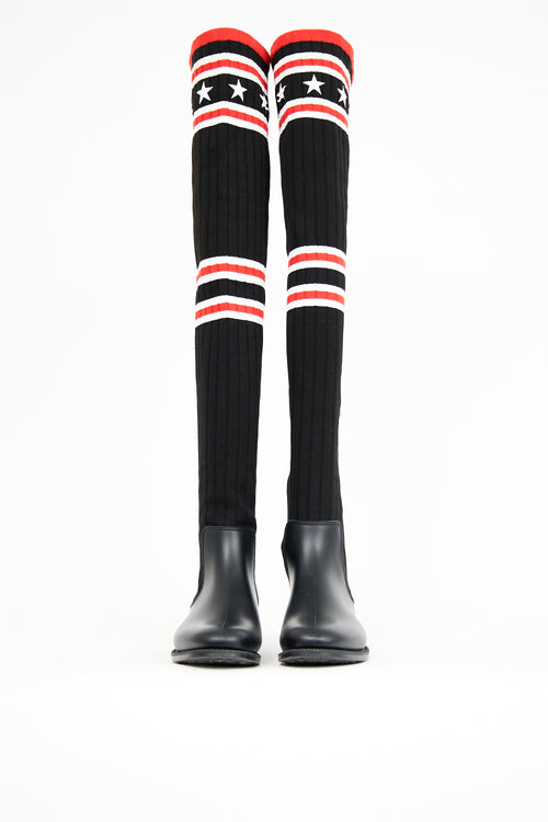 Givenchy Black 
Red Knit Thigh High Rain Boot