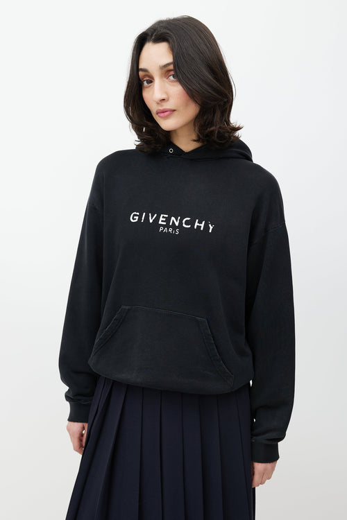 Givenchy Black 
White Distressed Logo Hoodie