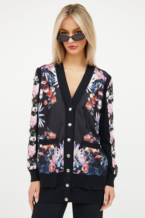 Givenchy Black 
Multi Floral Silk Knit Cardigan