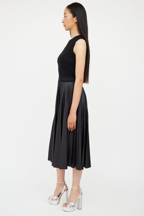 Black Logo Pleated Sleeveless Dress