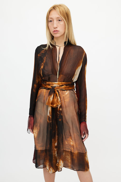 Givenchy Brown 
Multicolour Sheer Abstract Silk Dress